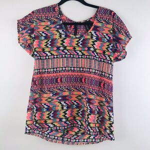 Fun‎ & Flirt Neon Pink Blue Geometric Top Size Small Zip Back